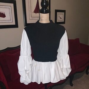 English Factory Black Ribbed Knit & White Peplum Blouse